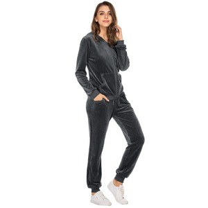 Ensemble de survêtement en velours pour femmes, à capuche, fermeture éclair, manches longues, couleur unie, tenue de jogging décontractée avec poches latérales, vêtements d'hiver - Product Image 5