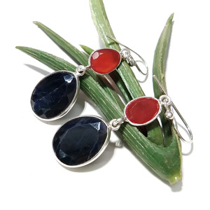Natural Blue Sapphire & Carnelian Gemstone <b>Earring</b>, <b>Solid</b> 925 Sterling <b>Silver</b> <b>Earrings</b>: Faceted Dangle <b>Earrings</b> - Product Image 3