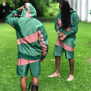 Veste en satin à capuche pour homme, color-block, rayures diagonales vert-rose, décontractée, pour l'automne - Product Image 4