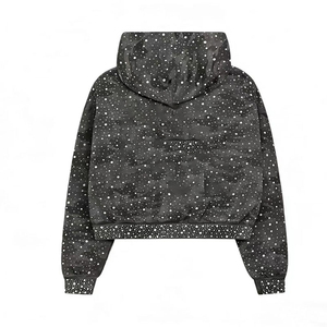 Sweat-shirts à capuche surdimensionnés et courts, personnalisés, avec strass et fermeture éclair, style camouflage, pour streetwear, unisexes, vente en gros OEM - Product Image 2