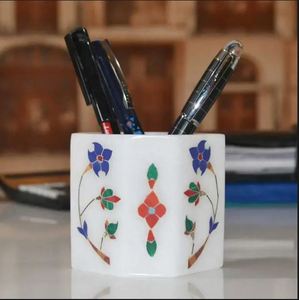Handcrafted <b>White</b> Marble Inlay <b>Pen</b> Holder Pietra Dura Desk Organizer for Office & Home - Product Image 1