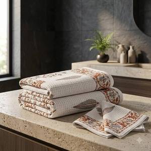 Ensemble de serviettes en coton gaufré, 1 de bain et 2 de toilette, imprimées à la main, séchage rapide, douces, écologiques, pour le bain et les voyages – Meilleures ventes - Product Image 6