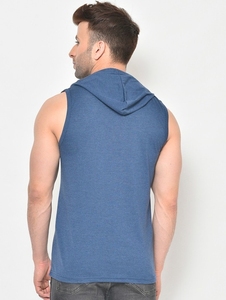 Men's Sleeveless Hooded Tank Top Blue Printed Letter Design Casual Wear Breathable Cotton Knitted O-Neck Front <b>Logo</b> - Product Image 2