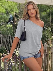 T-shirt d'été en coton tricoté pour femme, col en V, coupe classique, manches courtes, épaules dénudées, couleur unie, respirant, décontracté - Product Image 6