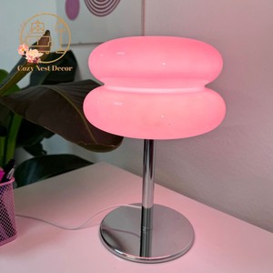 Modern Pink Table <b>Lamp</b> With Round Plastic <b>Shade</b> And Chrome Base For Indoor Lighting - Product Image 2