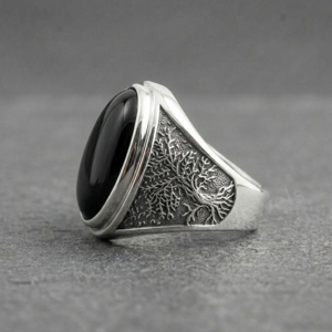 Anillo de Sello para Hombre de Plata de Ley 925 con Ónix Negro de 12x16mm, Engaste de Bisel Ovalado, Diseño de Planta, Clásico para Uso Diario - Product Image 2
