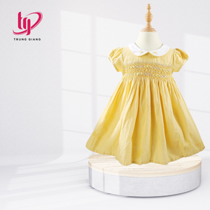 Vestido smock para bebés niñas, tela de algodón amarilla, manga corta, personaliza tu logo, smock hecho a mano, edad de 3 meses a 12 años - Product Image 1