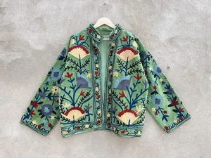 <b>Mint</b> Green Suzani Embroidered Velvet Boho Jacket Women Ethnic Short Coat Stand Collar Open Front Designer Wear - Product Image 2