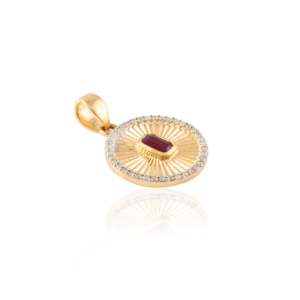 18K Solid Gold <b>Ruby</b> Halo Diamond Striped Medallion Coin Pendant - Product Image 5