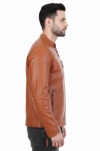 Chaqueta Clásica de Cuero Sintético Color Bronceado para Hombre con Cuello Mao - Product Image 2