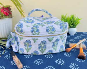 Personalized Vintage Water Resistant Large Capacity Cotton Quilted Hand Block Print Yellow Zipper Eco-Friendly <b>Makeup</b> Bag Dopp - Product Image 3