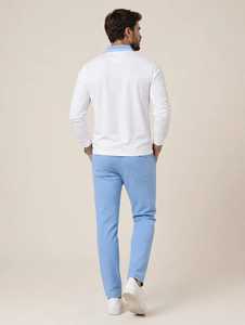 <b>Men's</b> <b>White</b> <b>Long</b> <b>Sleeve</b> Polo <b>Shirt</b> Blue Contrast Collar Pocket Smart Casual Top - Product Image 2