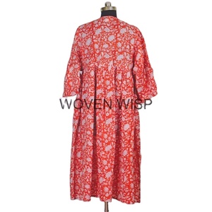 Vestido de mujer de manga larga indio con estampado de bloque de mano de algodón para mujer, ropa de diario, vestido largo bohemio de diseñador para mujer, ropa parcial para niña - Product Image 2