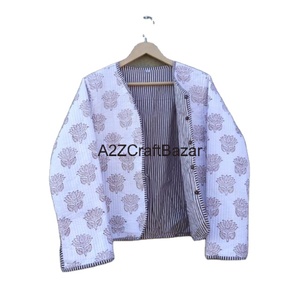 แจ็กเก็ตผ้าฝ้ายสองด้านสำหรับผู้หญิงยาวคอวีพิมพ์ลายดอกไม้สองด้านถักด้วยมือเป็นมิตรกับสิ่งแวดล้อม - Product Image 2