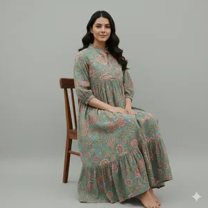 Robe maxi en coton 100% imprimée à la main, style bohème, col en V, manches bouffantes, robe d'été décontractée pour femmes - Product Image 5