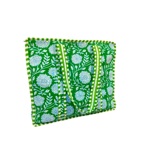 Grand sac fourre-tout à imprimé floral Artisan Block-Shopper durable vert et bleu - Product Image 2