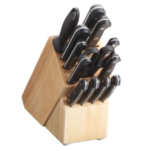 <b>Kitchen</b> Knives in Light Brown Wooden Storage Block with <b>Black</b> Riveted <b>Handles</b> Silver Blades and Scissors for Dicing Food Prep - Product Image 1