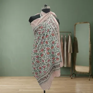 Sari de algodón blanco con estampado floral a mano, motivos de flores de durazno, borde a rayas, reversible, ropa étnica tradicional para la parte delantera - Product Image 2