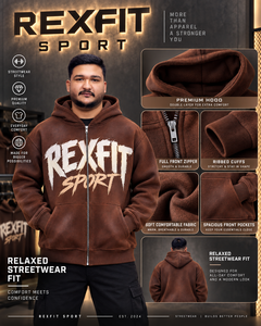 Mens <b>Brown</b> Full Zip Hoodie Brush Graphic Heavyweight 370g <b>Fleece</b> Streetwear Jacket Regular Fit Winter Custom OEM Wholesale - Product Image 3
