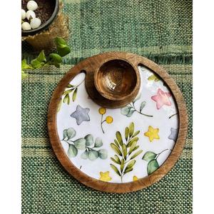 Round Wooden <b>Tray</b> With Sauce Bowl Floral Design Print Decorative <b>Trays</b> Handmade Dishwasher Safe Snacks <b>Tray</b> For Cafe Supplies - Product Image 1