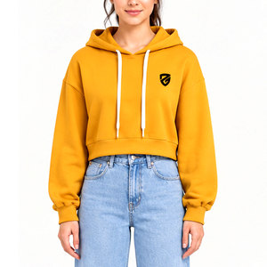 Sweat-shirt à capuche court pour femme, couleur unie, manches longues, décontracté, avec logo brodé, pour l'automne - Product Image 2
