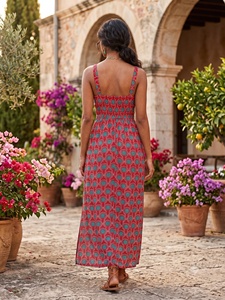 Vestido maxi bohemio sin mangas con cuello en V y abertura alta, estampado geométrico, de rayón tejido, corte A, cintura imperio, para uso diario de verano. - Product Image 5