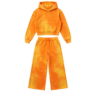 <b>Womens</b> orange Acid Wash Zip Up Hoodie and Wide Leg <b>Sweatpants</b> Two Piece Streetwear Tracksuit Set Wholesale Casual Loungewear - Product Image 1