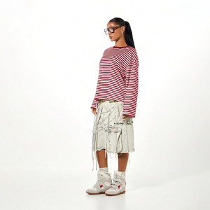 Camiseta de Mujer Personalizada a Rayas, Manga Larga, Bloques de Color, Corte Holgado, Tejido Transpirable de Lona, 100% Algodón, Camiseta de Verano para Mujer - Product Image 4