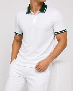 Polo homme blanc personnalisé à manches courtes avec col et bordure de manchette verts, style tricoté décontracté, polo homme premium, faible MOQ - Product Image 2