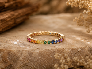 Gold Plated 925 <b>Silver</b> <b>Eternity</b> Band <b>Ring</b> with Rainbow Zircon Prong Setting Trendy Style Unisex Everyday Wear Jewelry - Product Image 1