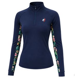 Manufacturer <b>Navy</b> Blue <b>Women</b> Quarter Zip Athletic Pullover Shirt Floral Sleeve Panel Long Sleeve Fitness Riding Sportswear <b>Top</b> - Product Image 1