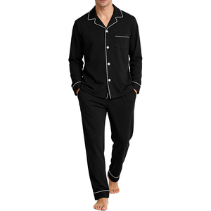 Best Selling Black Long Sleeve <b>Pajamas</b> <b>Set</b> Cotton Knitted Casual Sleepwear With Pockets Autumn Wear - Product Image 1
