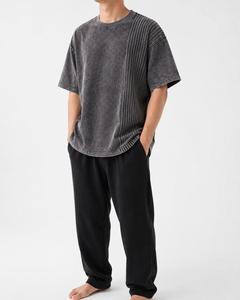 T-shirt en coton à col rond et manches courtes pour homme, coupe oversize, couleur unie, bordure contrastante délavée, style décontracté urbain, écologique, 230g LOW - Product Image 2