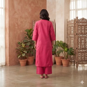 Ensemble Kurta 2 pièces pour femme en soie 100% rose uni brodé, respirant, à manches trois-quarts, coupe décontractée et tissé - Product Image 6