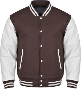 Veste varsity en cuir marron pour homme avec manches blanches, col rabattu, fermeture boutonnée, style décontracté pour l'automne - Product Image 3