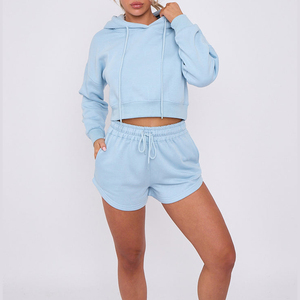Conjunto Deportivo de Dos Piezas para Mujer, Sudadera con Capucha Azul Claro y Pantalones Cortos de Felpa, Estilo Casual, Holgado, Color Sólido, para Primavera/Verano - Product Image 4