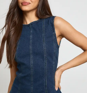 Robe d'été en jean à ourlet brut pour femme, vente en gros, vêtements de mode, broderie personnalisée, vêtements en denim, logo personnalisé, usine de vêtements OEM ODM - Product Image 6