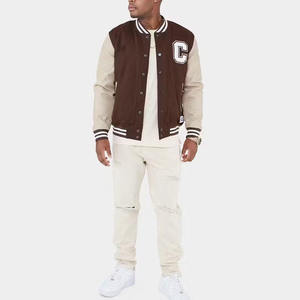 Custom Logo Men Vintage Varsity Jacket <b>Brown</b> <b>Fleece</b> Contrast Sleeve Letterman Baseball Bomber Jacket with Towel Letter Patch - Product Image 1