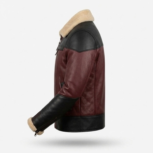 Mens Burgundy Black Contrast Panel Genuine Shearling Collar Leather <b>Jacket</b> <b>Vintage</b> Flight Pilot <b>Bomber</b> Winter Outerwear Garment - Product Image 4