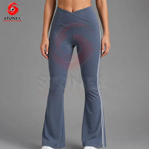 STONEX Women High Waist Flare Leggings Solid Color Side Stripe Sporty Yoga Pants Breathable <b>Knitted</b> Full Length Pants - Product Image 3