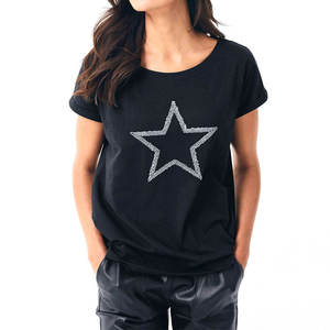 Women's Black T-Shirt With Glitter Star Print Short Sleeve O-Neck Casual Loose Fit Jersey Cotton <b>Top</b> - Product Image 5