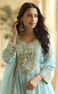 Dhwaja Export <b>Sky</b> Blue Silk Readymade Suit with Real <b>Mirror</b> Hand Work - Product Image 4