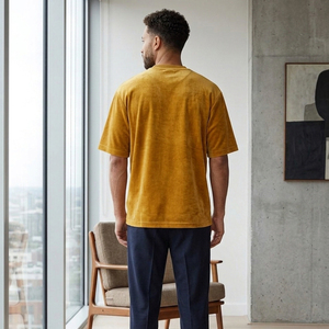 Custom Mustard Velour T-Shirt Men's Casual Wear Solid Color Velvet Tee Shirts Men Short Sleeve Crew Neck Velour <b>TShirt</b> Mens - Product Image 2