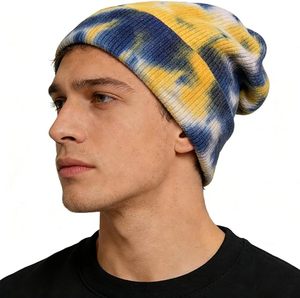 Gorro de Punto Unisex con Estampado Tie Dye, 100% Acrílico, Gorro de Invierno de Estilo Casual, Patrón Azul y Amarillo, Talla Adulto 56-58CM - Product Image 2
