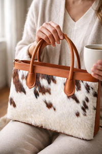 Faux <b>Fur</b> Cowhide Pattern <b>Tote</b> <b>Bag</b> Women's Fashion Handbag Zipper Closure All Seasons Daily Use - Product Image 4