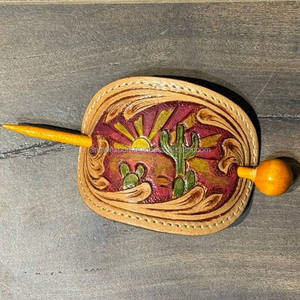 Women's Fashionable Hand Tooled Leather Stick Barrette With Wooden Stick High Quality Genuine Leather <b>Hair</b> Barrette <b>Hair</b> Slide - Product Image 2