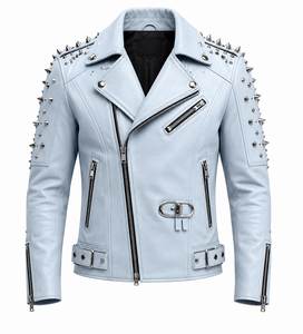 Light Blue Men's Studded Leather Motorcycle <b>Jacket</b> Plus Size <b>Slim</b> <b>Fit</b> Turn-down Collar Zipper Closure Moto Biker Style - Product Image 2