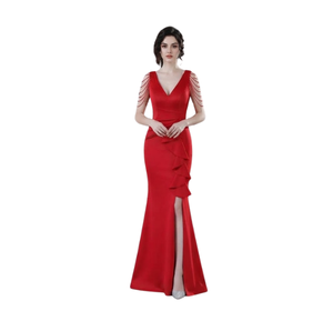 Elegante Vestido Rojo de Satén con Cuello en V, Corte Sirena, Largo hasta el Suelo, Sin Mangas, con Abertura Lateral, Vestido de Fiesta Elegante y Transpirable para Mujer - Product Image 3