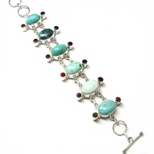 Bracelet en argent sterling 925 fait main avec turquoise tibétaine bleue et grenat pour femmes, bijoux ethniques vintage - Product Image 5