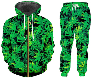 Conjunto Deportivo Unisex con Capucha, Estampado de Hojas Verdes, Cierre Completo con Cremallera, Ropa Casual de Primavera, Transpirable, Poliéster, Corte Regular - Product Image 1